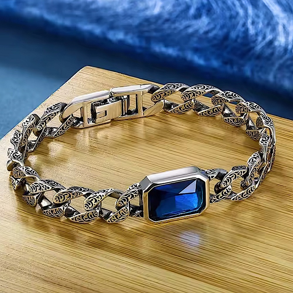Stainless Steel Sapphire Chain Link Bracelet, Curb Engraved